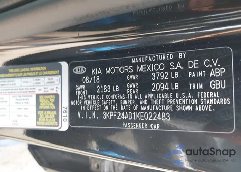 2019 Kia Forte Lxs from USA, damaged, VIN 3KPF24AD1KE022483
